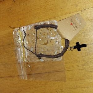 Macrame Brown Braided Leather Bracelet With Black Stone Cross Charm.